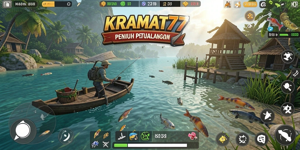 Screenshot KRAMAT77 menampilkan aksi memancing yang seru di berbagai lokasi.